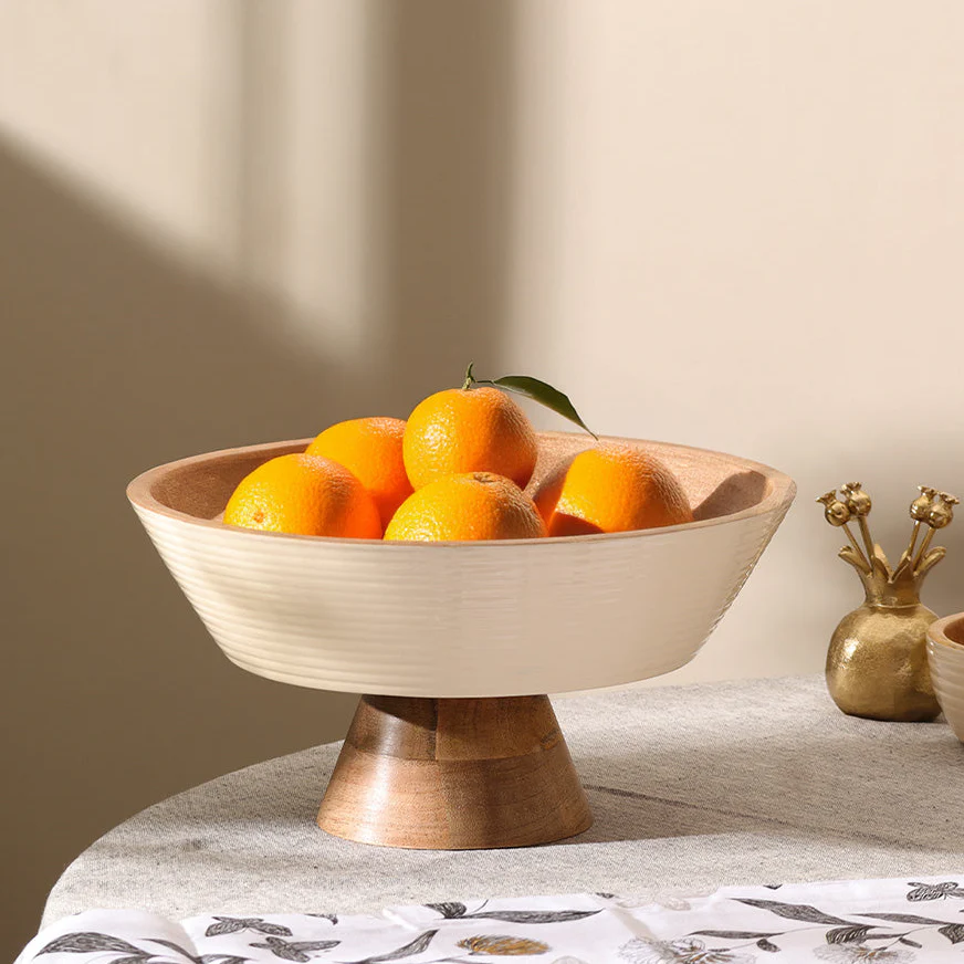 Riko Mango Wood Elevated Ribbed Bowl Large - Cream