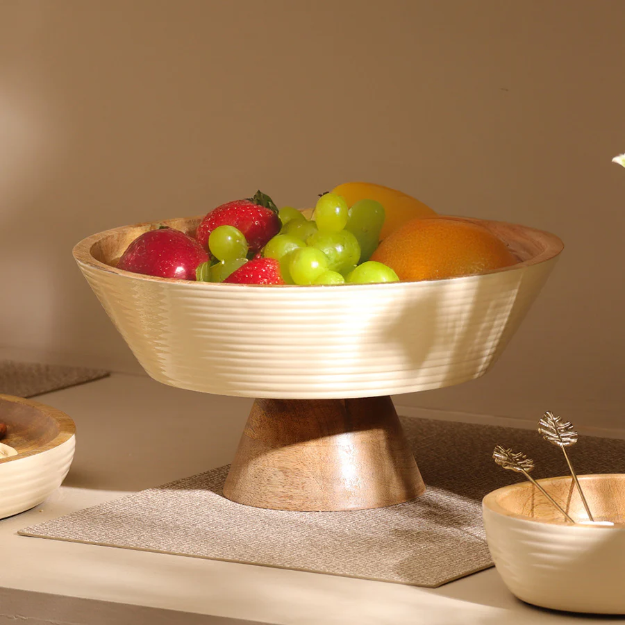 Riko Mango Wood Elevated Ribbed Bowl Large - Cream - Image 2