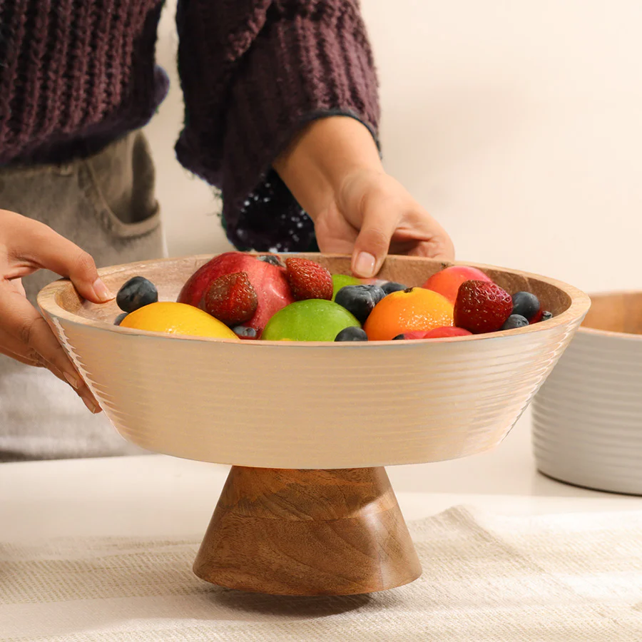 Riko Mango Wood Elevated Ribbed Bowl Large - Cream - Image 3