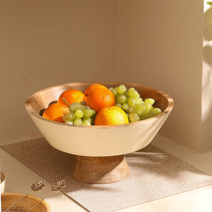 Riko Mango Wood Elevated Ribbed Bowl Large - Cream - Image 4