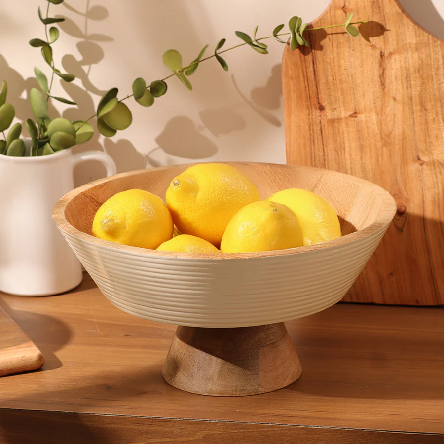 Riko Mango Wood Elevated Ribbed Bowl Large - Cream - Image 5