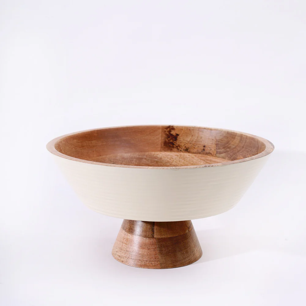 Riko Mango Wood Elevated Ribbed Bowl Large - Cream - Image 7
