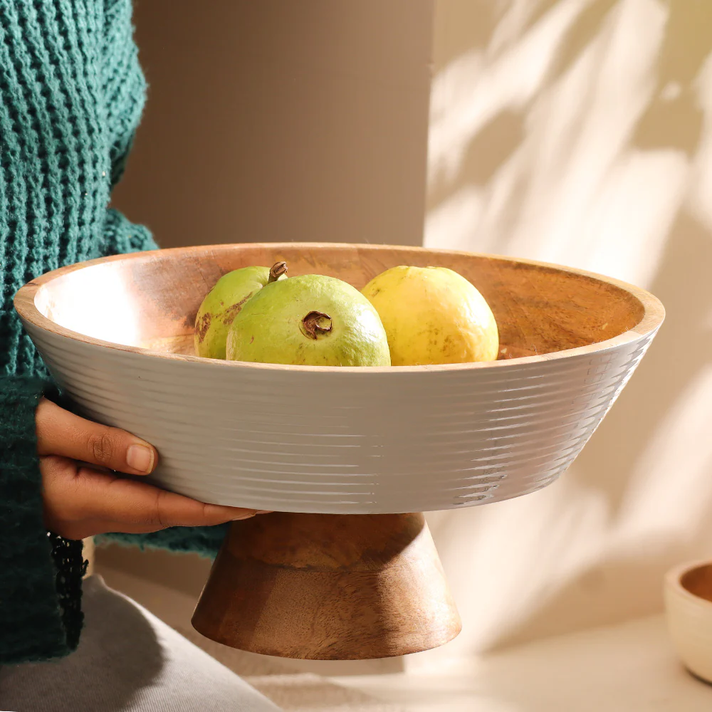 Riko Mango Wood Elevated Ribbed Bowl Large - Periwinkle - Image 2