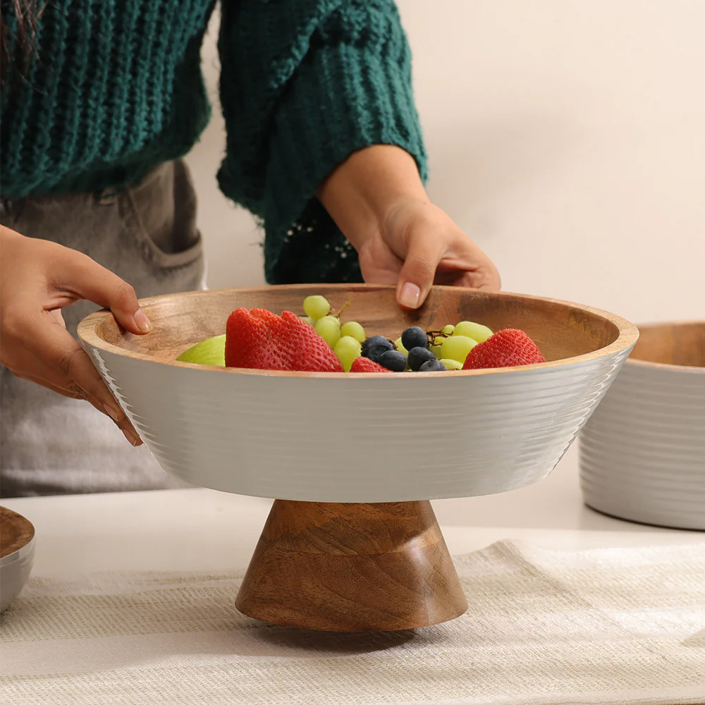 Riko Mango Wood Elevated Ribbed Bowl Large - Periwinkle - Image 3
