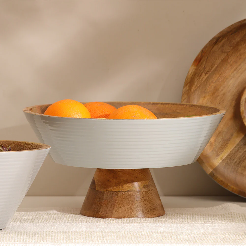 Riko Mango Wood Elevated Ribbed Bowl Large - Periwinkle - Image 4