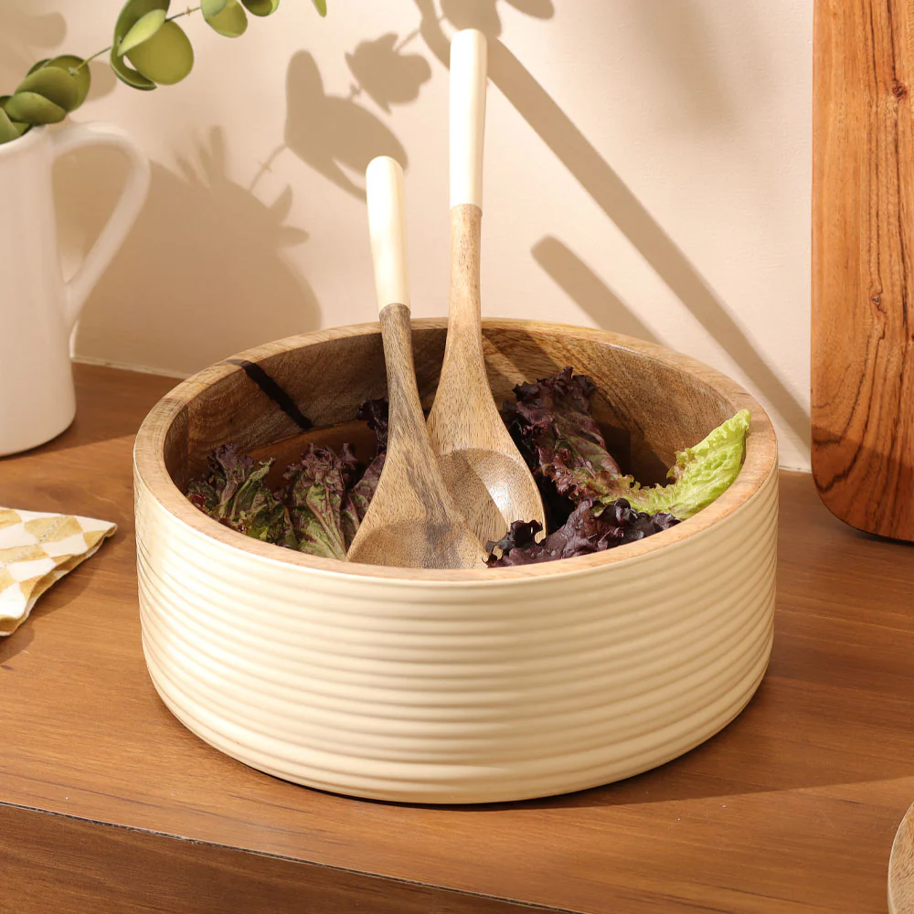 Riko Mango Wood Ribbed Bowl Large - Cream
