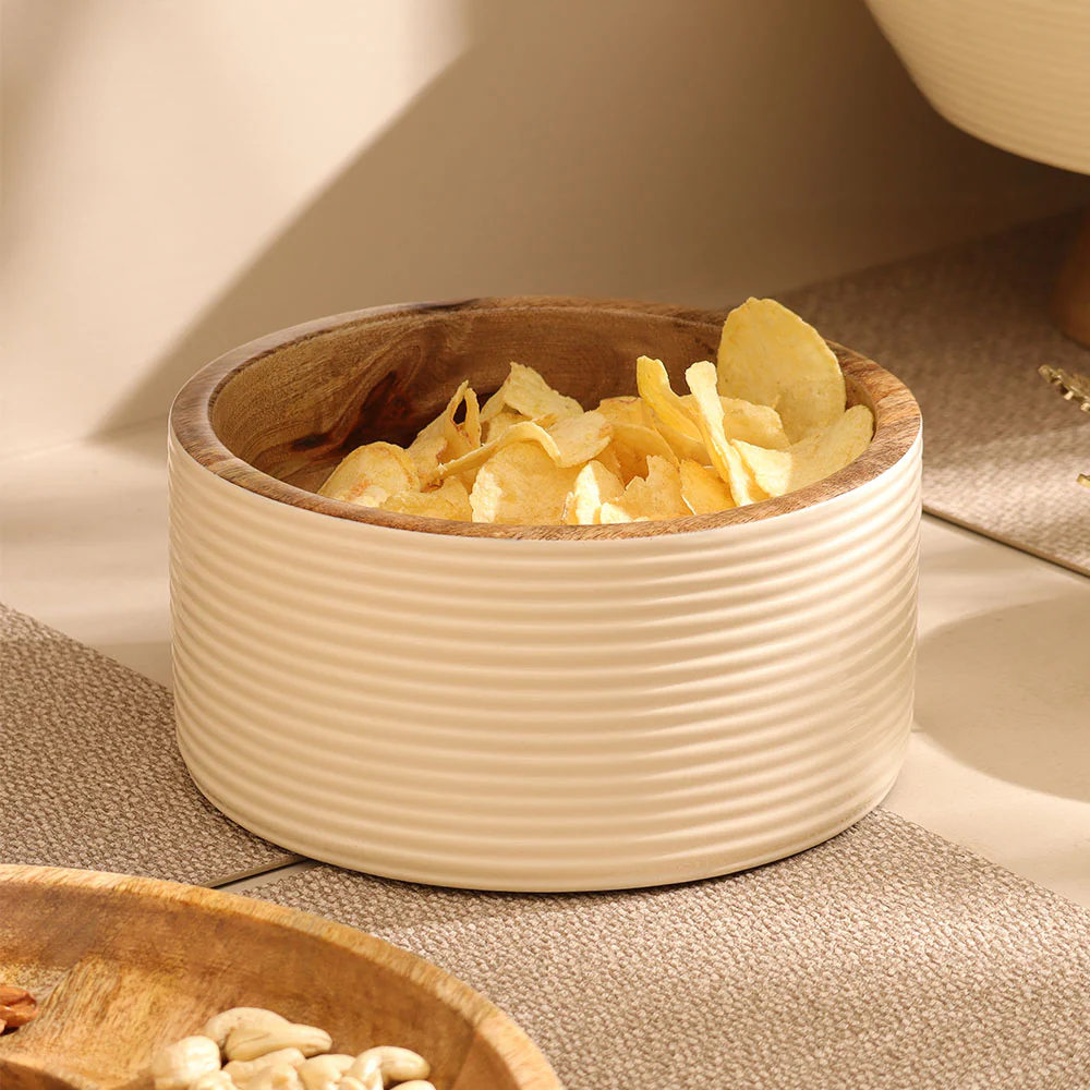 Riko Mango Wood Ribbed Bowl Medium - Cream - Image 2