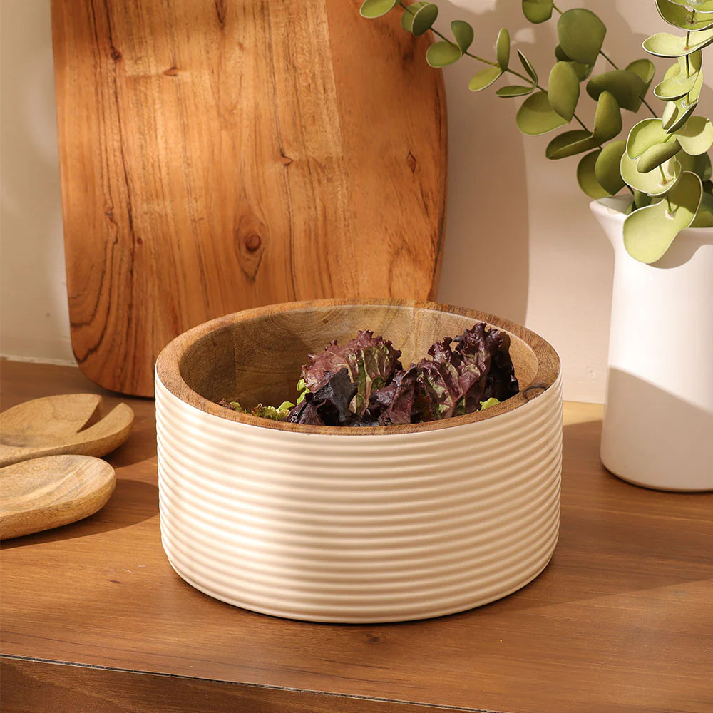 Riko Mango Wood Ribbed Bowl Medium - Cream - Image 3