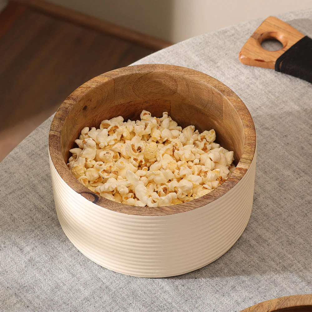 Riko Mango Wood Ribbed Bowl Medium - Cream - Image 4