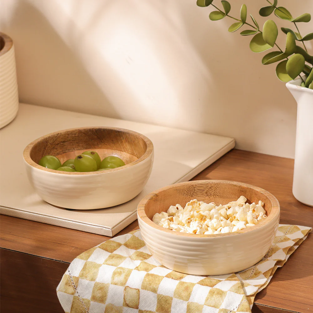Riko Mango Wood Ribbed Bowls, Set of 2 - Cream