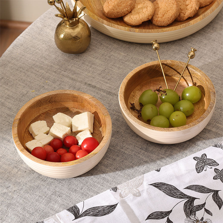 Riko Mango Wood Ribbed Bowls, Set of 2 - Cream - Image 2