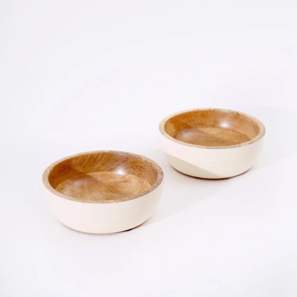 Riko Mango Wood Ribbed Bowls, Set of 2 - Cream - Image 3