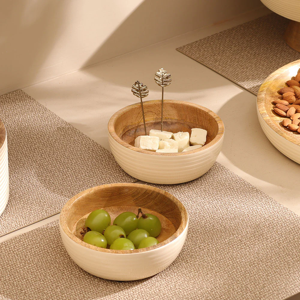 Riko Mango Wood Ribbed Bowls, Set of 2 - Cream - Image 4