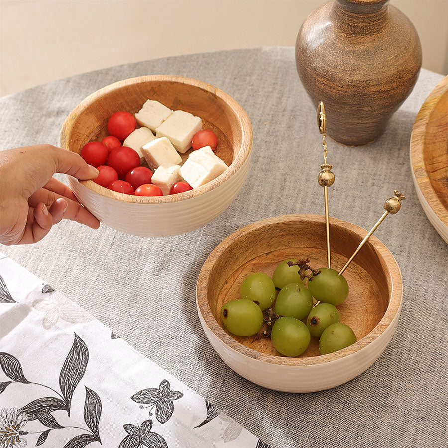Riko Mango Wood Ribbed Bowls, Set of 2 - Cream - Image 5