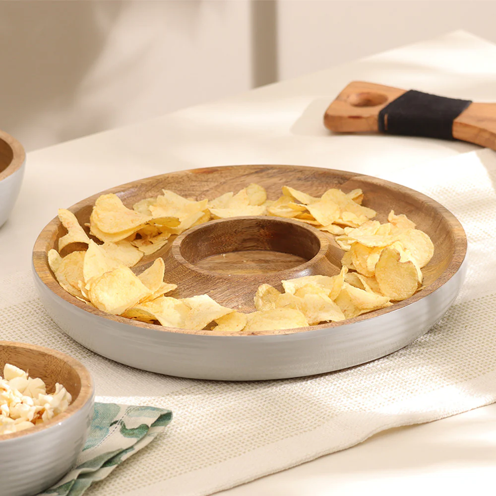 Riko Mango Wood Ribbed Chip and Dip Platter - Periwinkle - Image 2