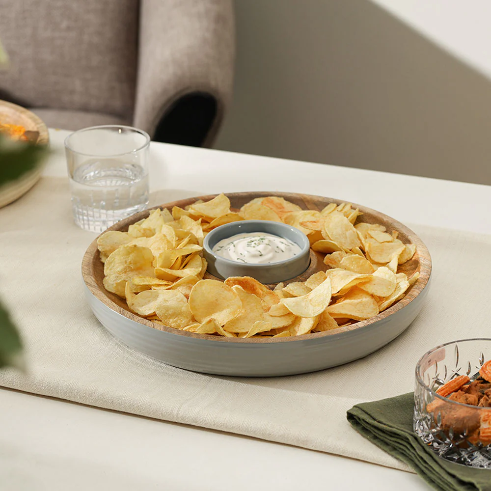 Riko Mango Wood Ribbed Chip and Dip Platter - Periwinkle - Image 4