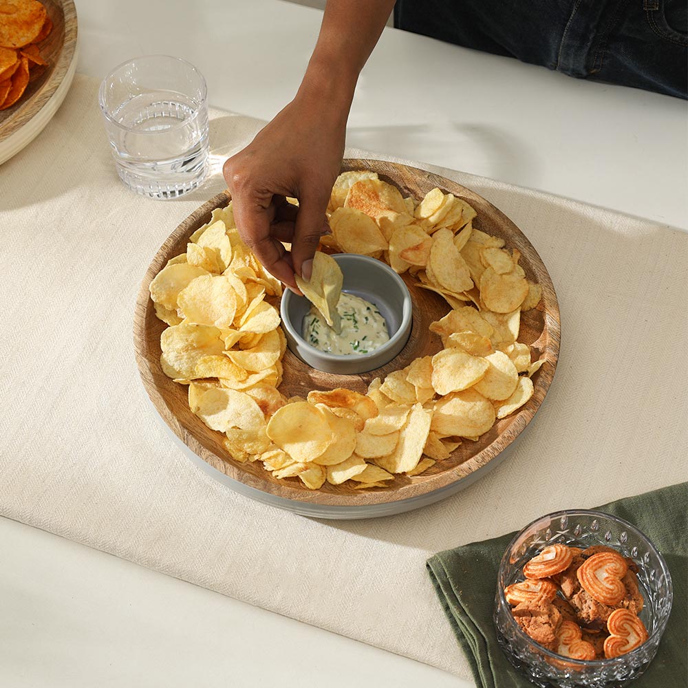 Riko Mango Wood Ribbed Chip and Dip Platter - Periwinkle - Image 7