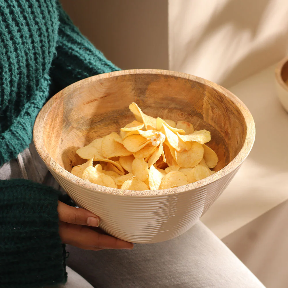 Riko Mango Wood Tapered Ribbed Bowl Large - Cream - Image 2