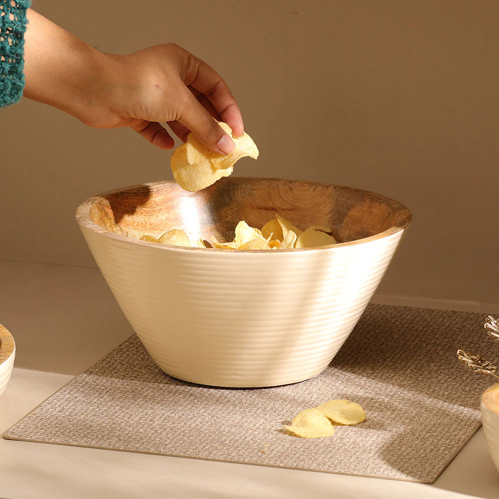 Riko Mango Wood Tapered Ribbed Bowl Large - Cream - Image 3