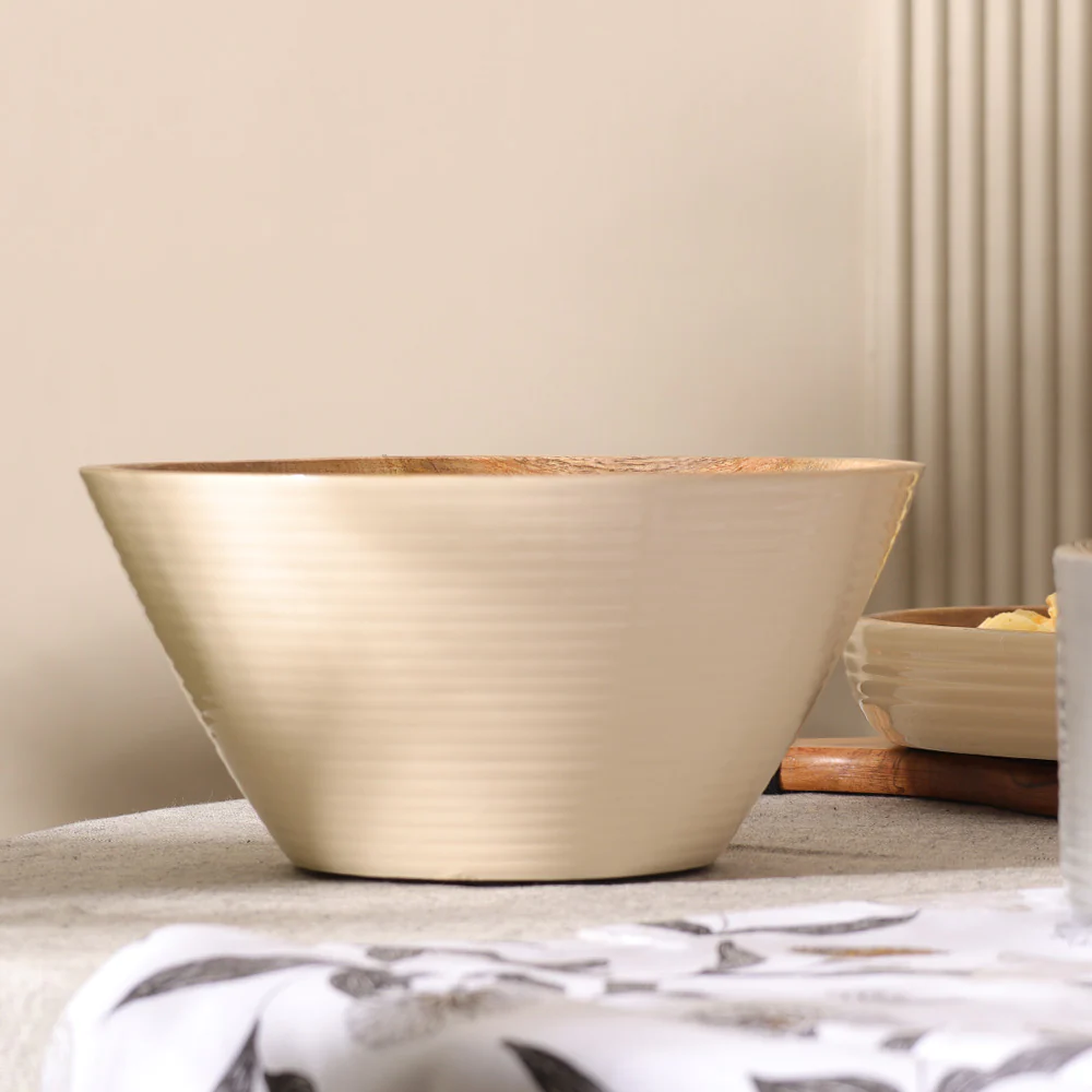 Riko Mango Wood Tapered Ribbed Bowl Large - Cream - Image 4