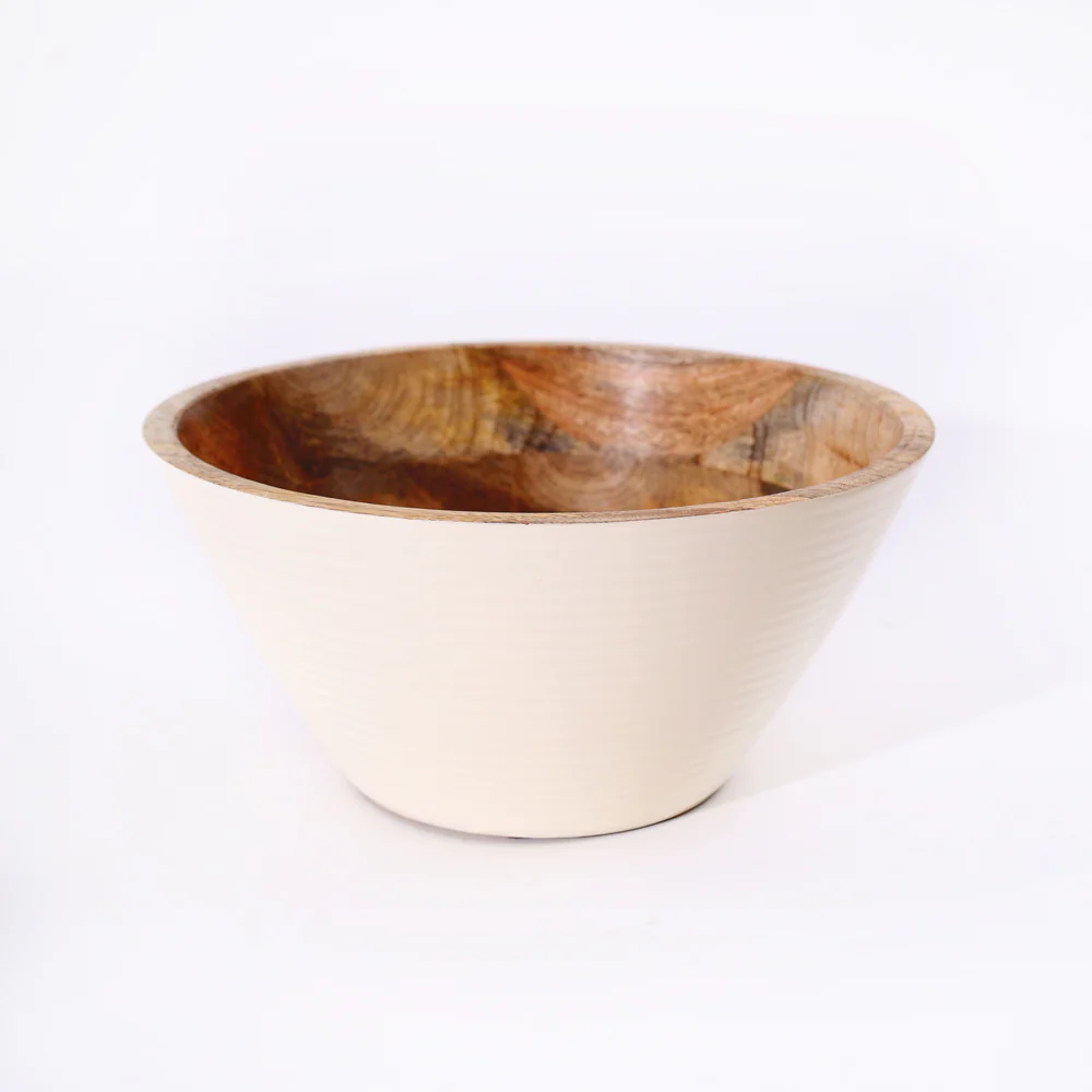 Riko Mango Wood Tapered Ribbed Bowl Large - Cream - Image 6