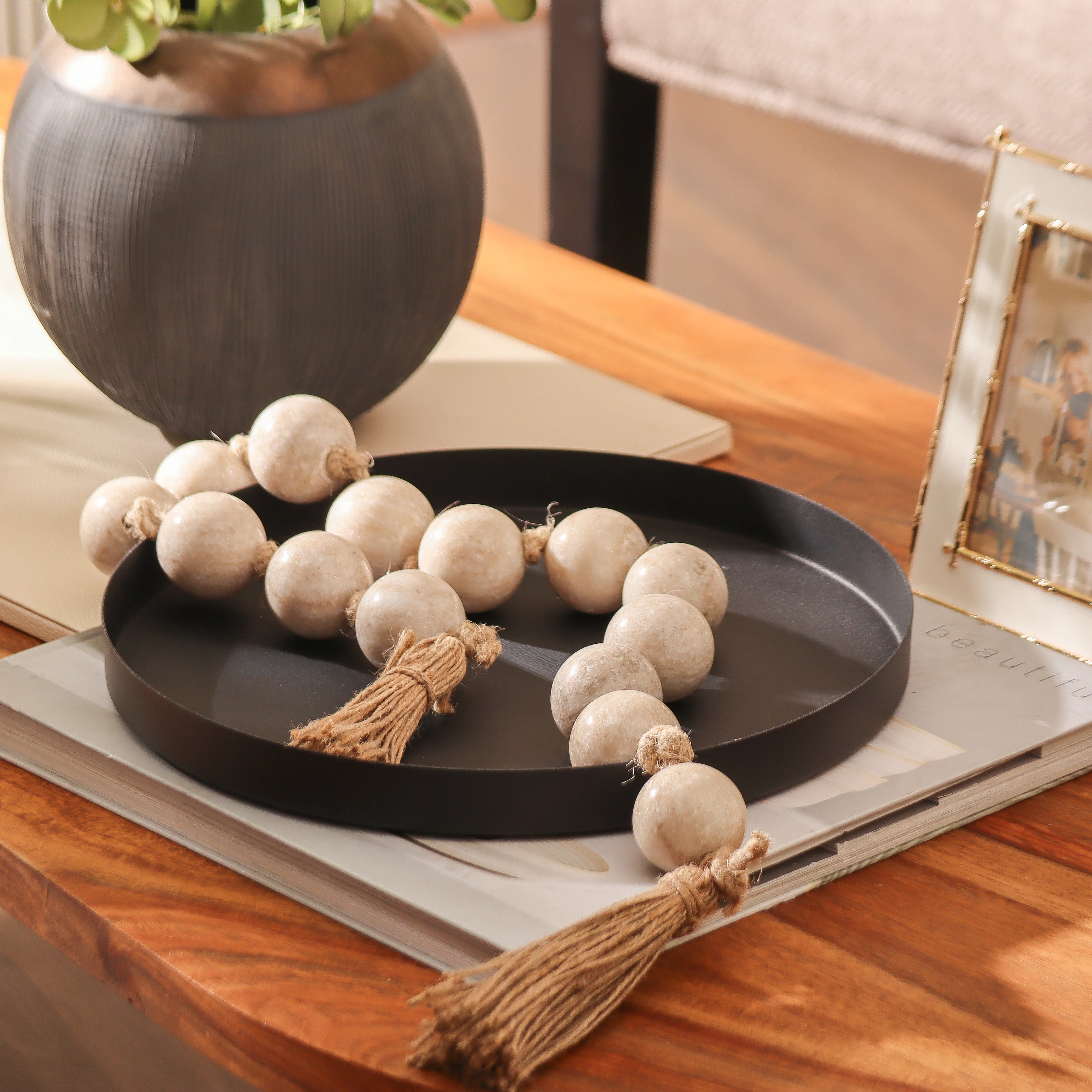Rosario Marble Beads Sculpture  - Beige Natural