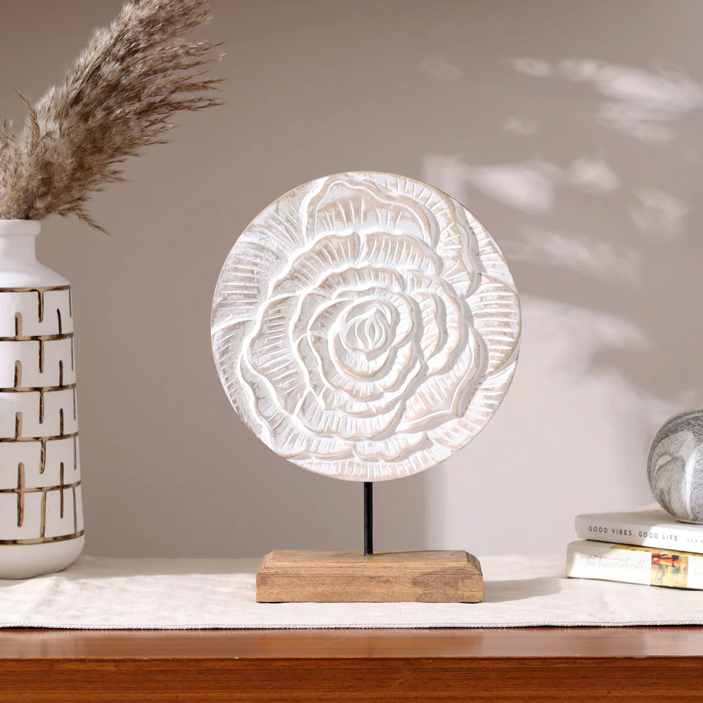 Rose Carved Wooden Sculpture - Vintage White