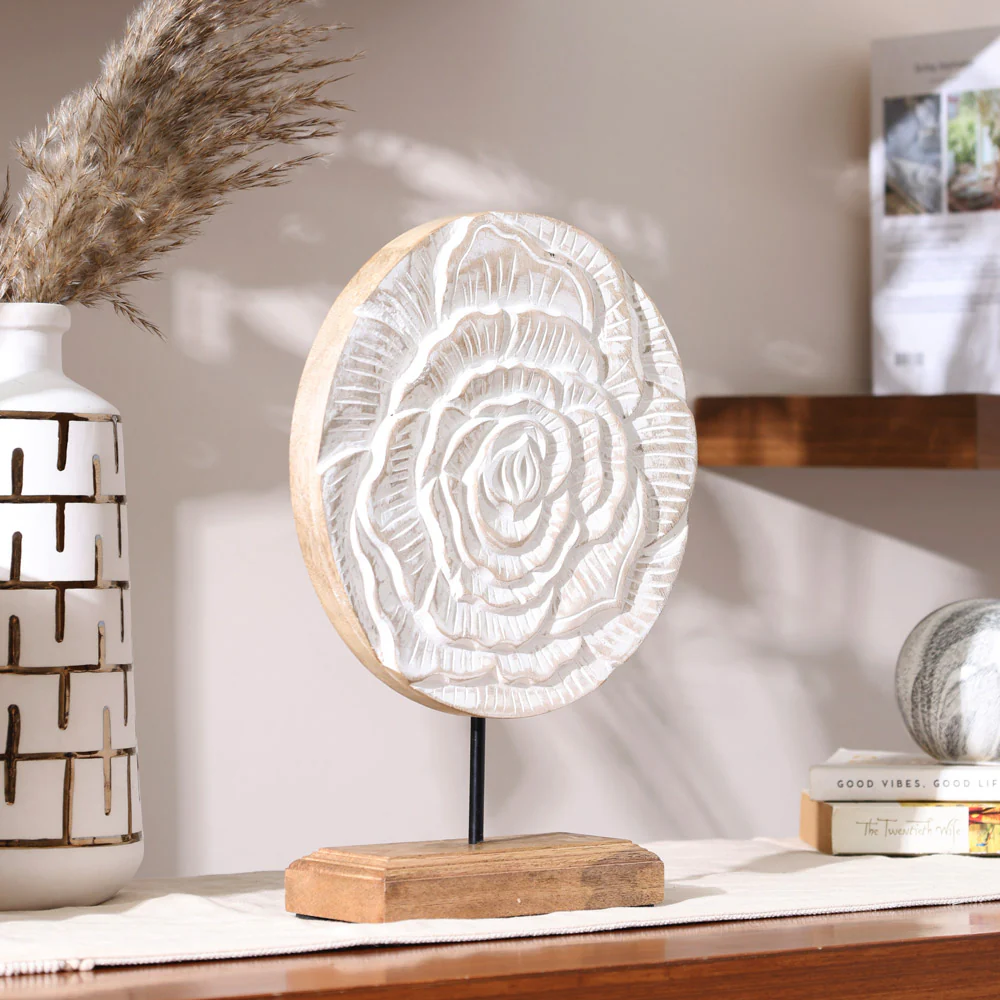Rose Carved Wooden Sculpture - Vintage White - Image 2