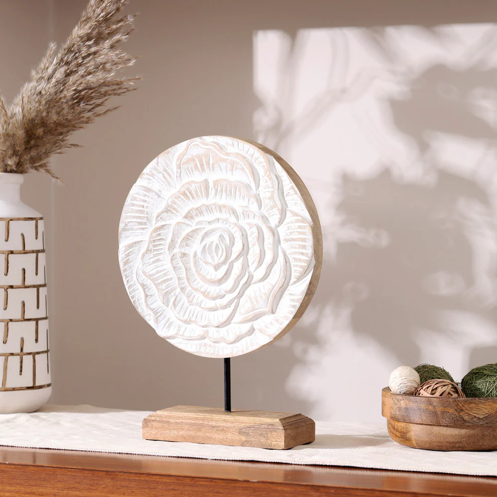 Rose Carved Wooden Sculpture - Vintage White - Image 3