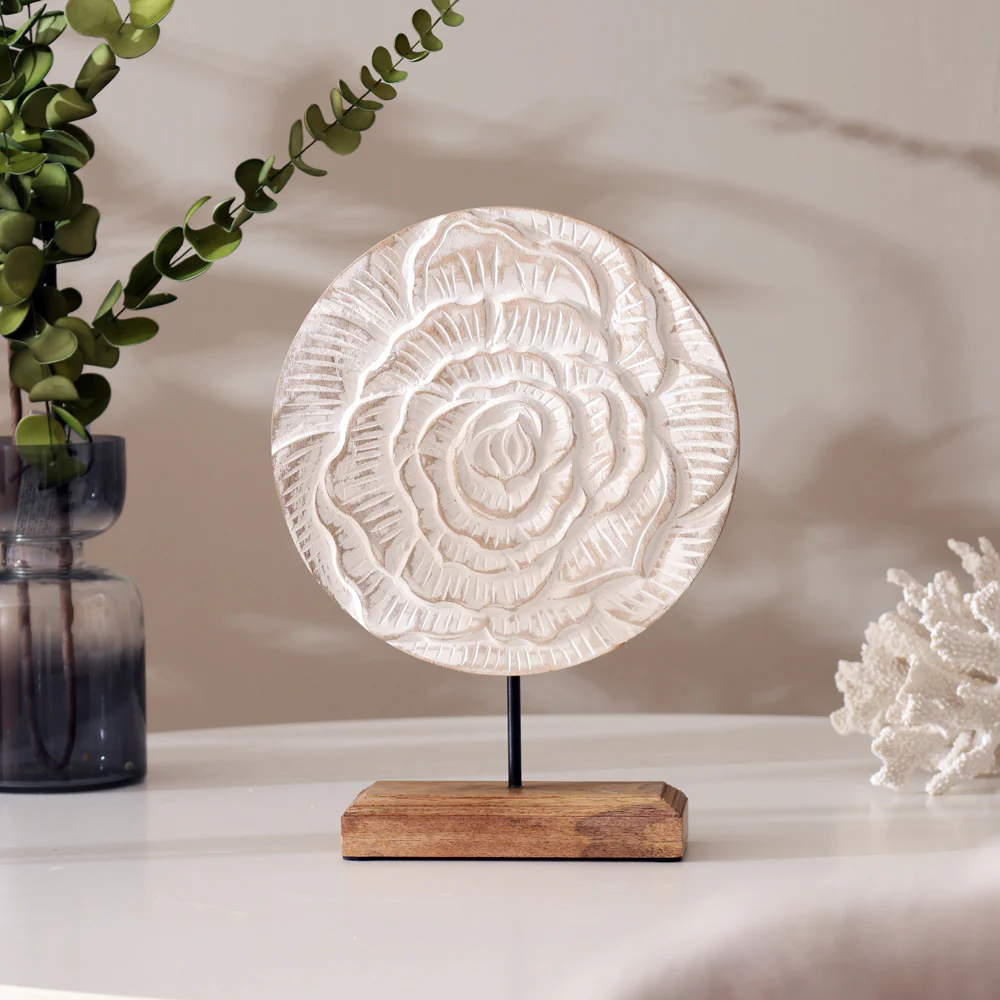 Rose Carved Wooden Sculpture - Vintage White - Image 4