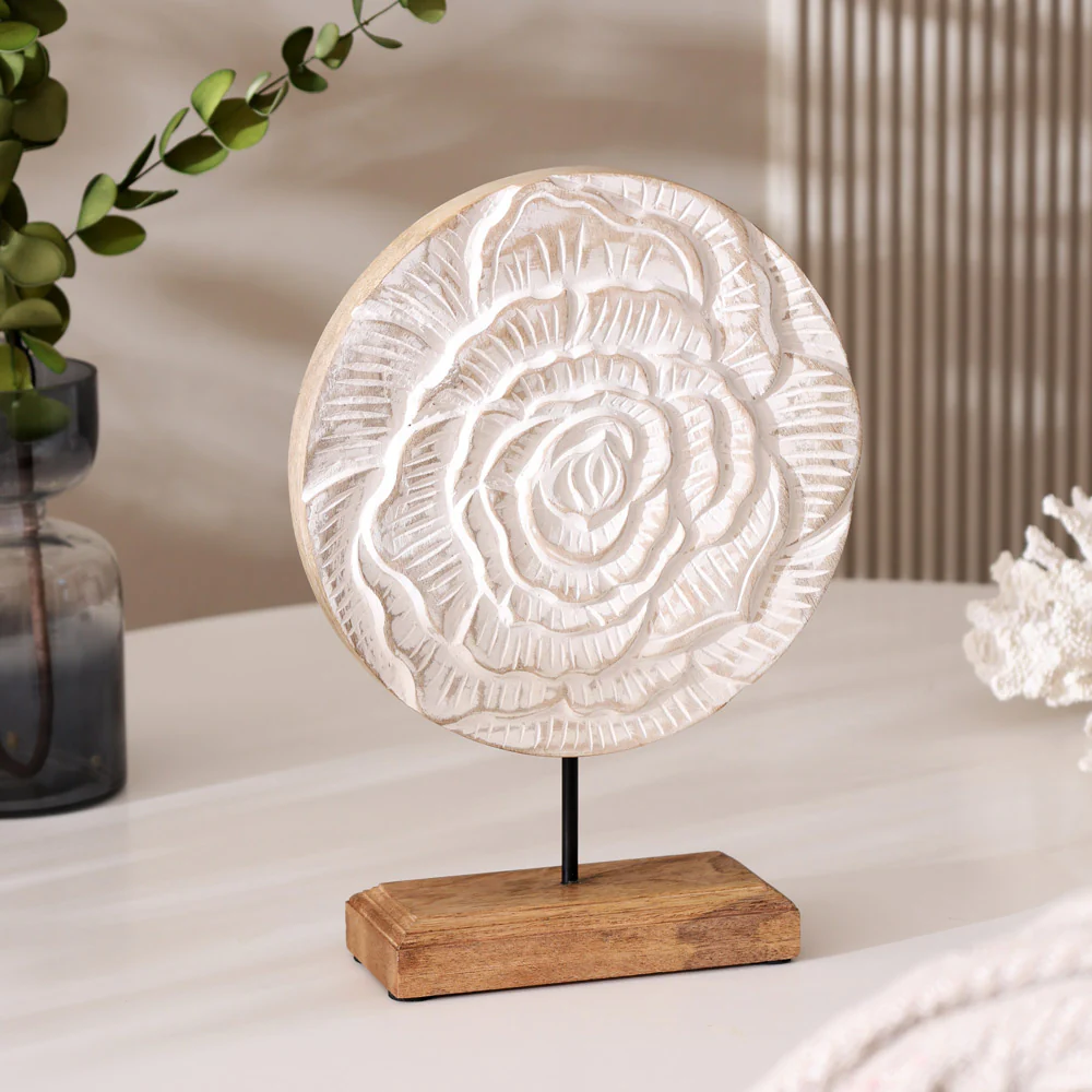 Rose Carved Wooden Sculpture - Vintage White - Image 6