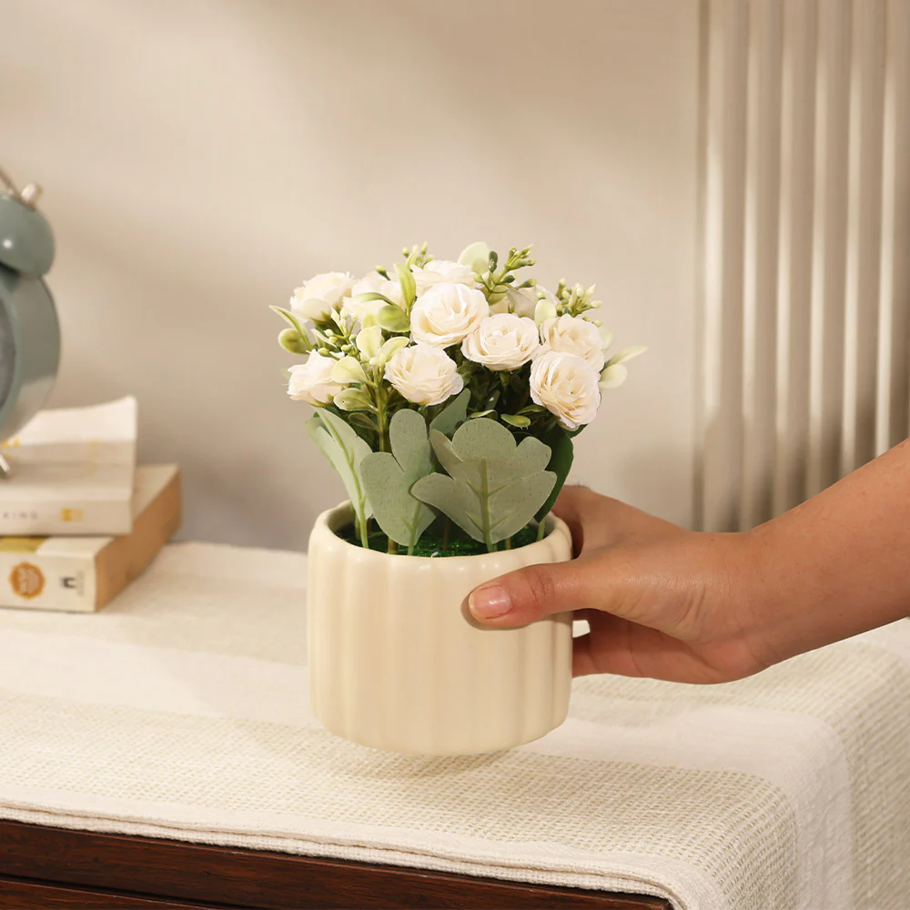 Rosebuds Artificial Potted Plant - White Cream - Image 5