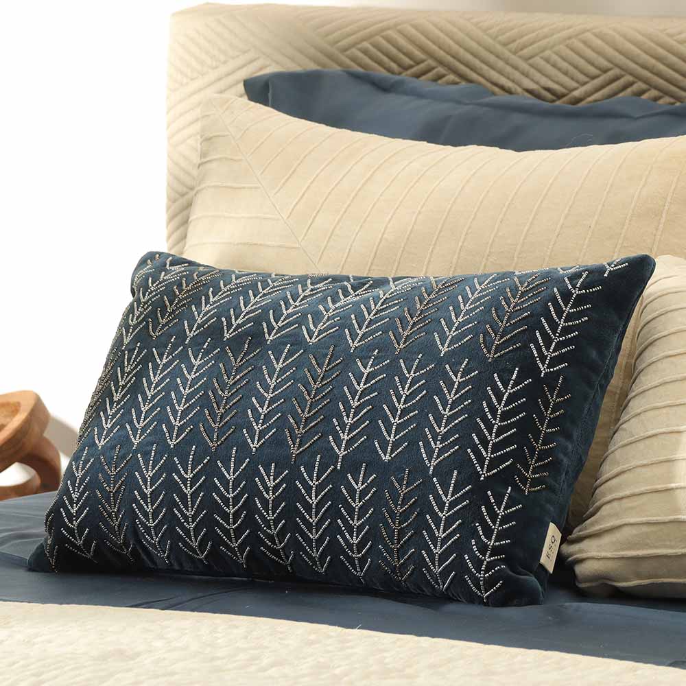 Rosemary Velvet Beaded Rectangular Cushion Cover 50x30cm - Navy Blue - Image 2