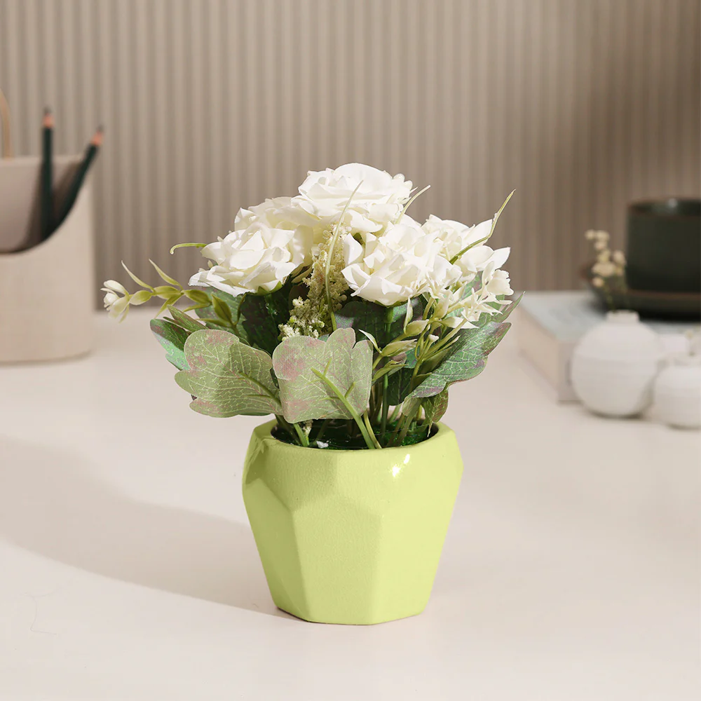 Roses Artificial Potted Plant - White Green - Image 4