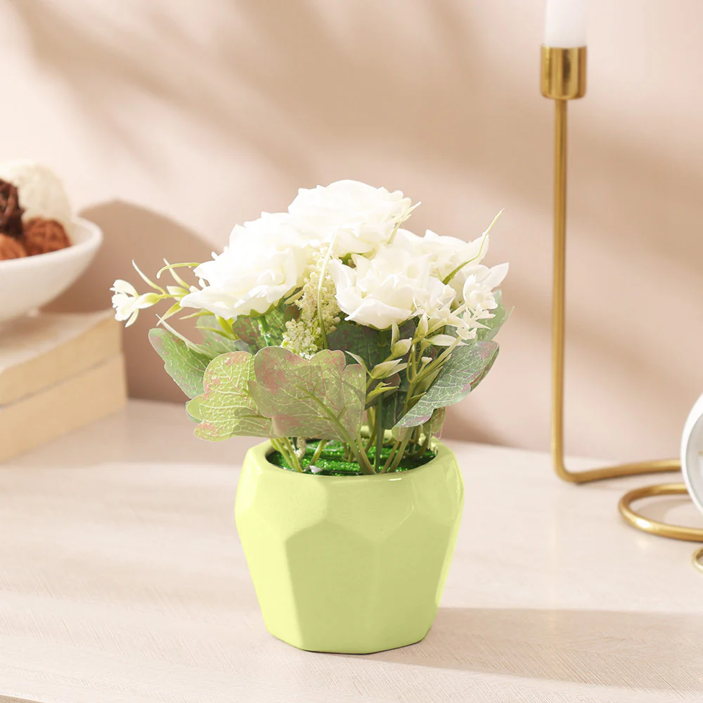 Roses Artificial Potted Plant - White Green - Image 5