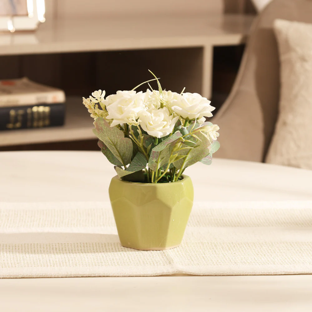 Roses Artificial Potted Plant - White Yellow - Image 6