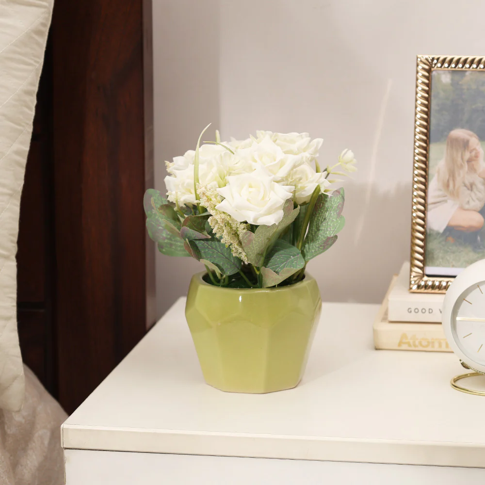 Roses Artificial Potted Plant - White Yellow - Image 7