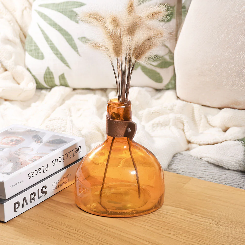 Russo Glass Vase with Leather Trim Medium - Mustard - Image 2