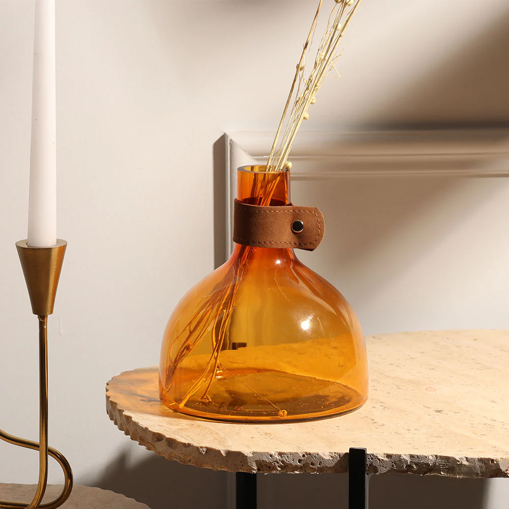 Russo Glass Vase with Leather Trim Medium - Mustard - Image 4