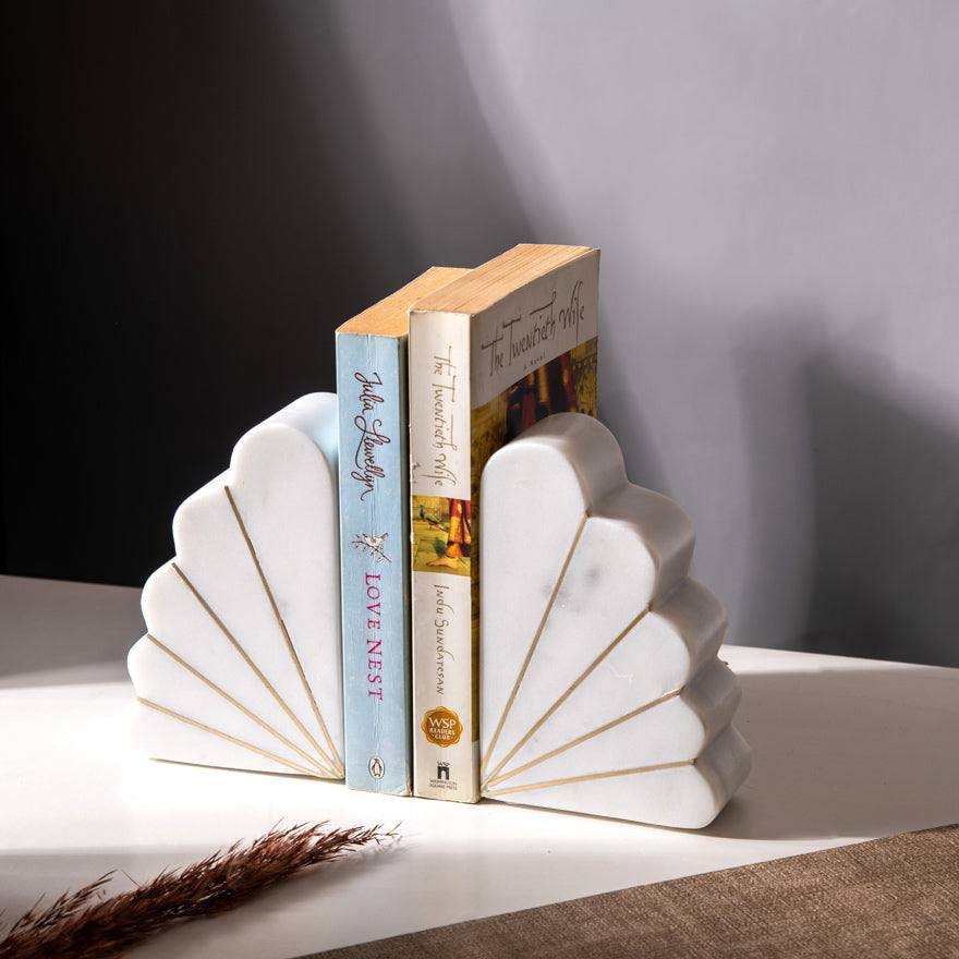 Scallop Marble Bookends with Gold Inlay - White - Image 2