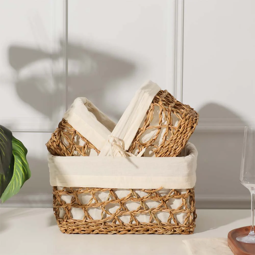 Seagrass Braided Lined Storage Baskets Tall, Set of 3 - Natural - Image 2