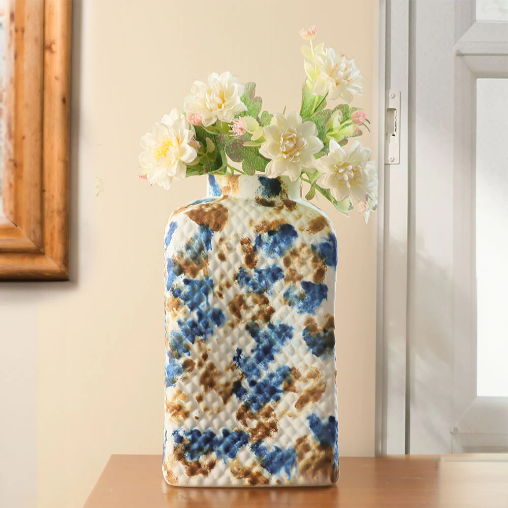 Serpentine Textured Glass Vase Large - White & Blue - Image 2