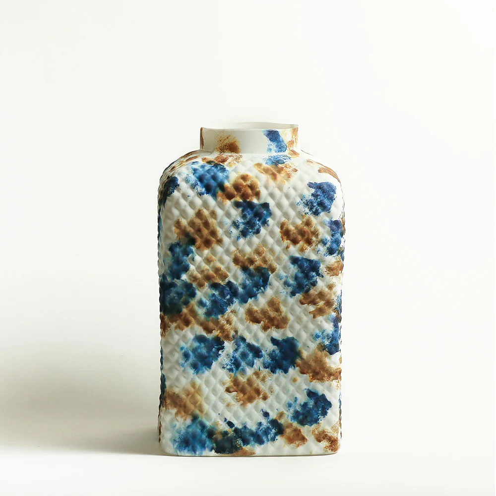 Serpentine Textured Glass Vase Large - White & Blue - Image 3