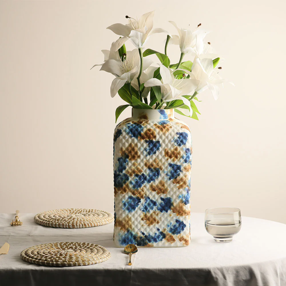 Serpentine Textured Glass Vase Large - White & Blue - Image 4