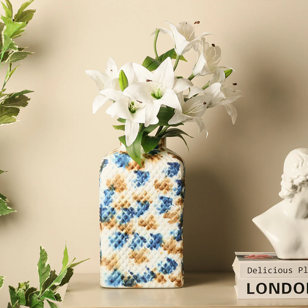 Serpentine Textured Glass Vase Large - White & Blue - Image 5