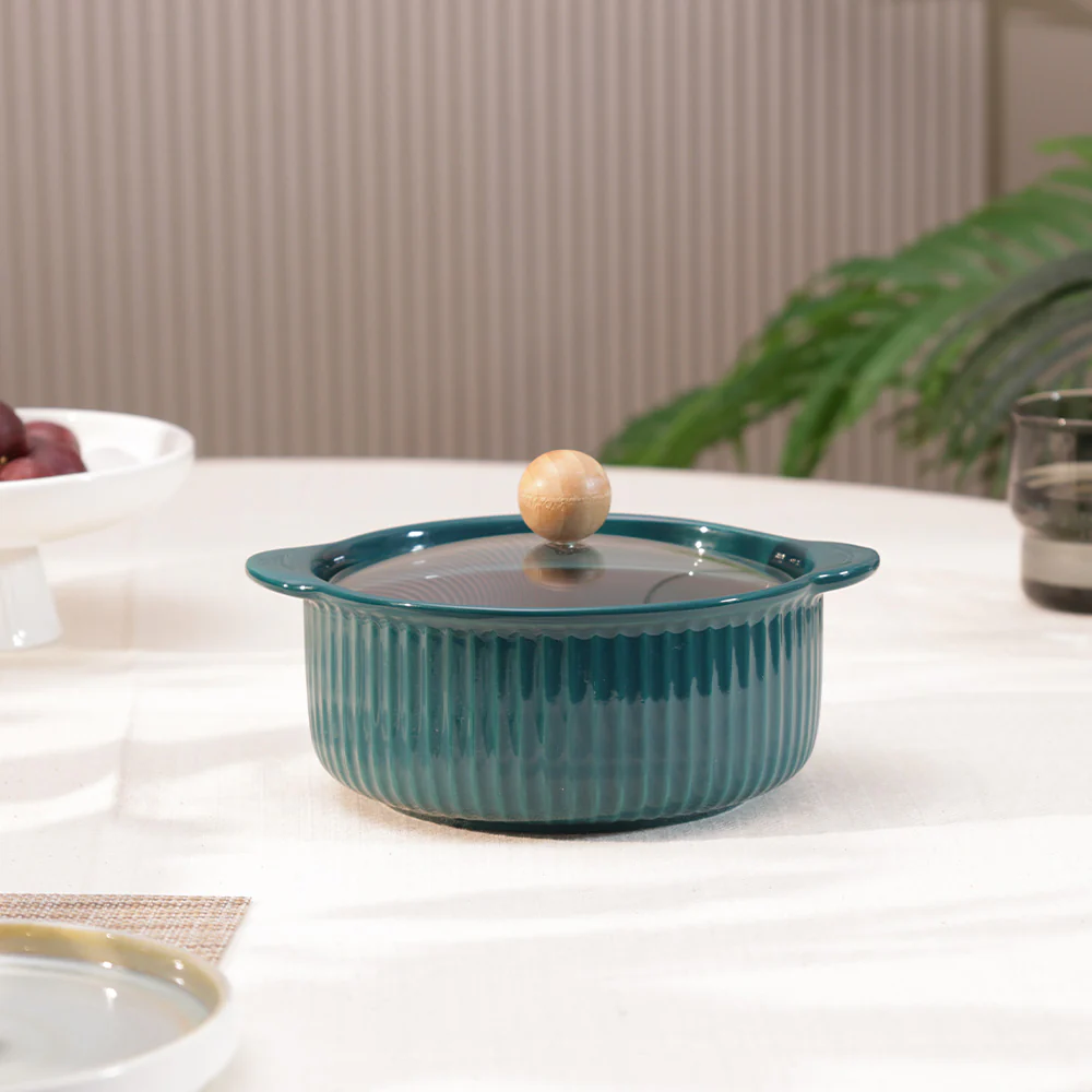 Shire Ceramic Serving Pot with Glass Lid - Dark Green - Image 3