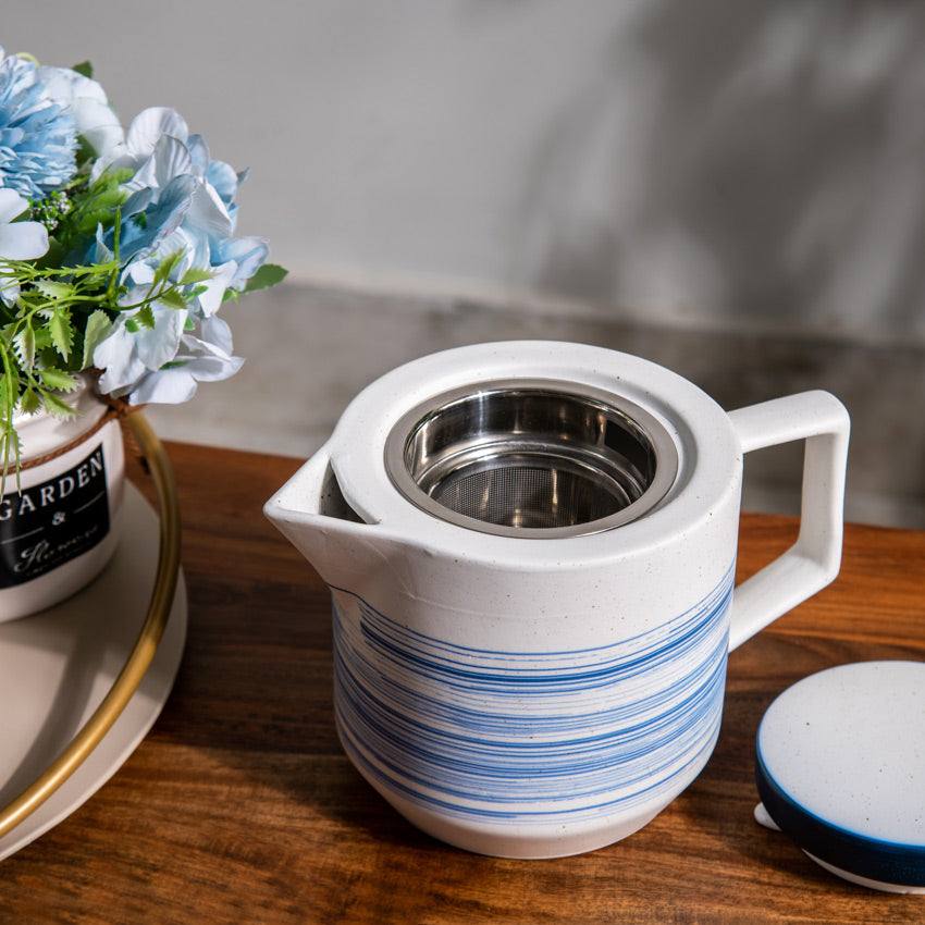 Shore Ceramic Teapot with Filter - White & Blue - Image 4