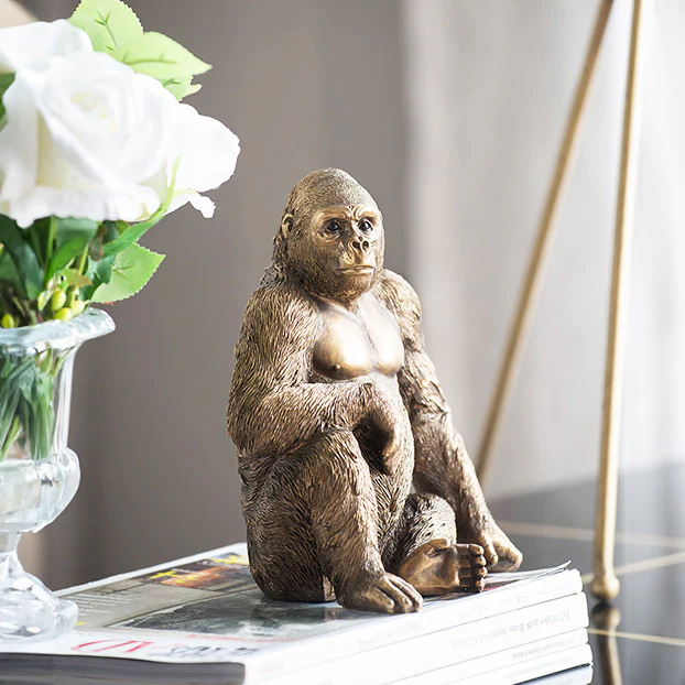 Sitting Gorilla Sculpture Medium - Dull Gold - Image 6