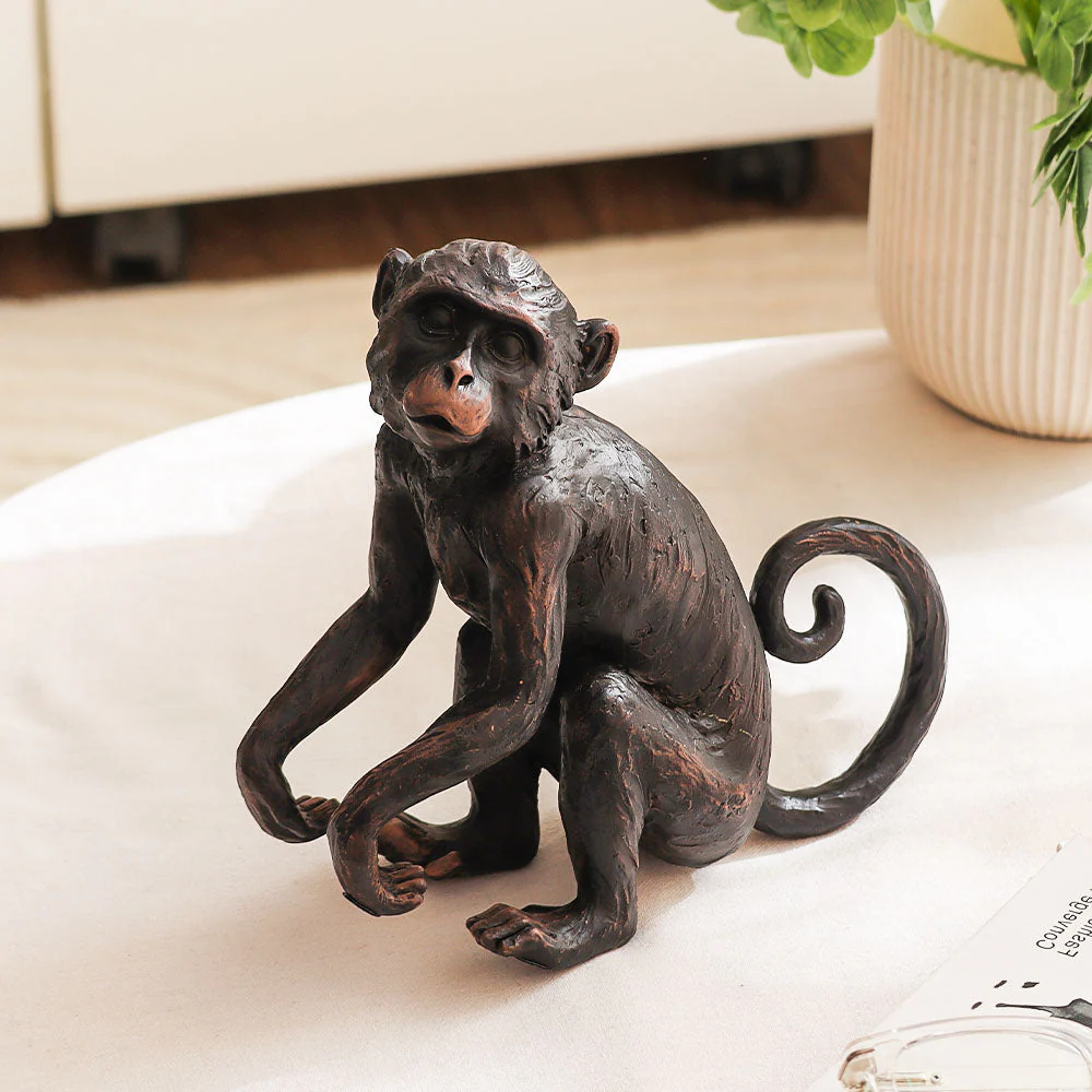 Sitting Monkey Sculpture Medium - Black Brown - Image 2