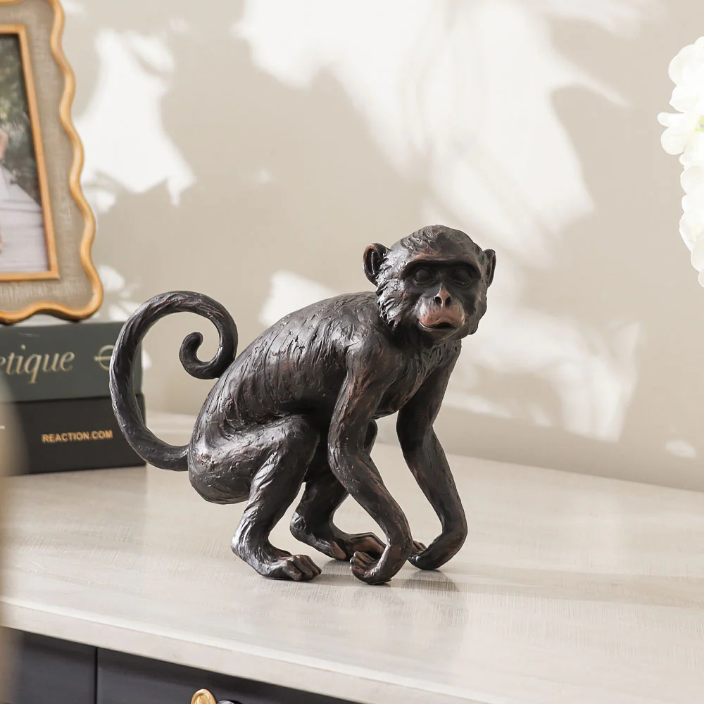 Sitting Monkey Sculpture Medium - Black Brown - Image 3